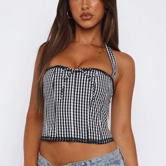 White Fox Boutique Tops - White Fox Black & White Gingham Bustier Corset Halter Lace Trim Crop Top